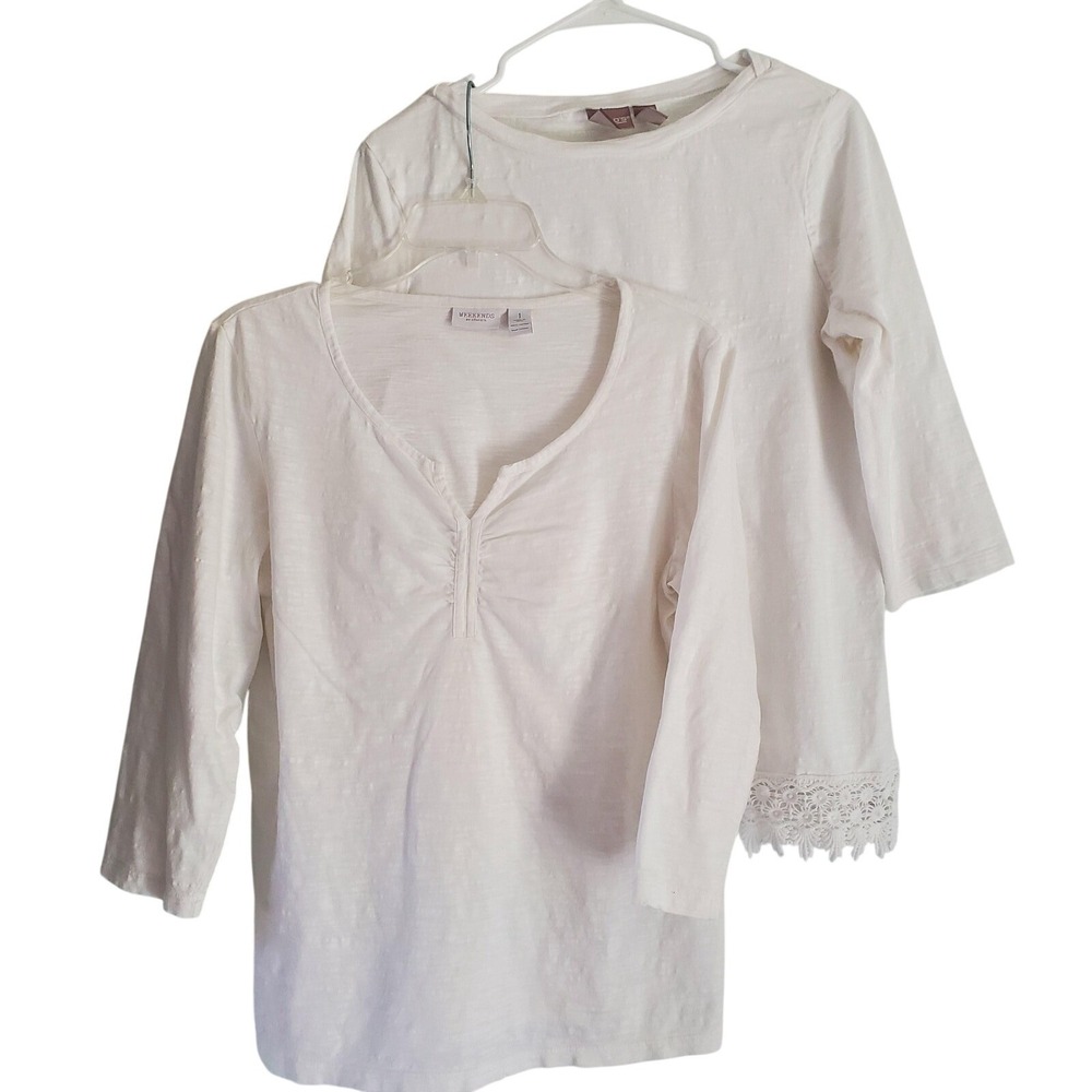 Lot of 2 Chicos Shirt Women Medium 1 White Crochet Hem‎ 3/4 Sleeve Slub Cotton